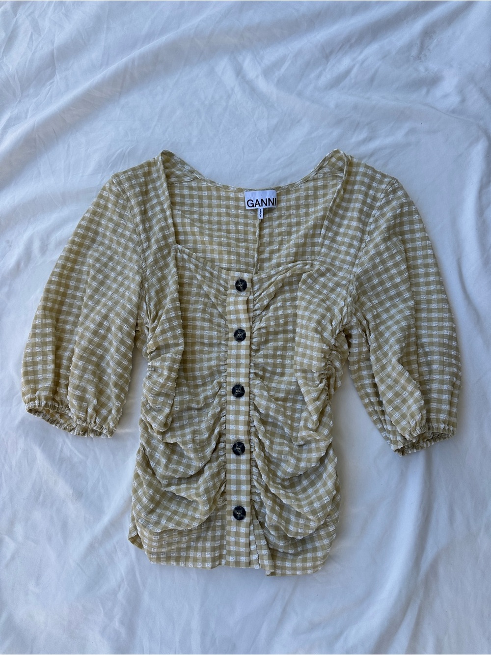Ganni Olive Check Ruched Button-Front Blouse